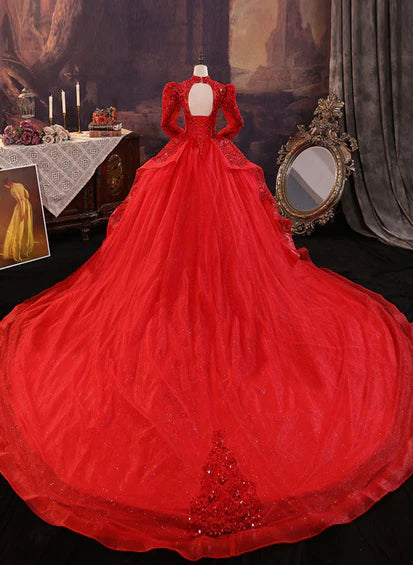 Red Tulle Ball Gown Long Sleeves Sequins Wedding Party Dress